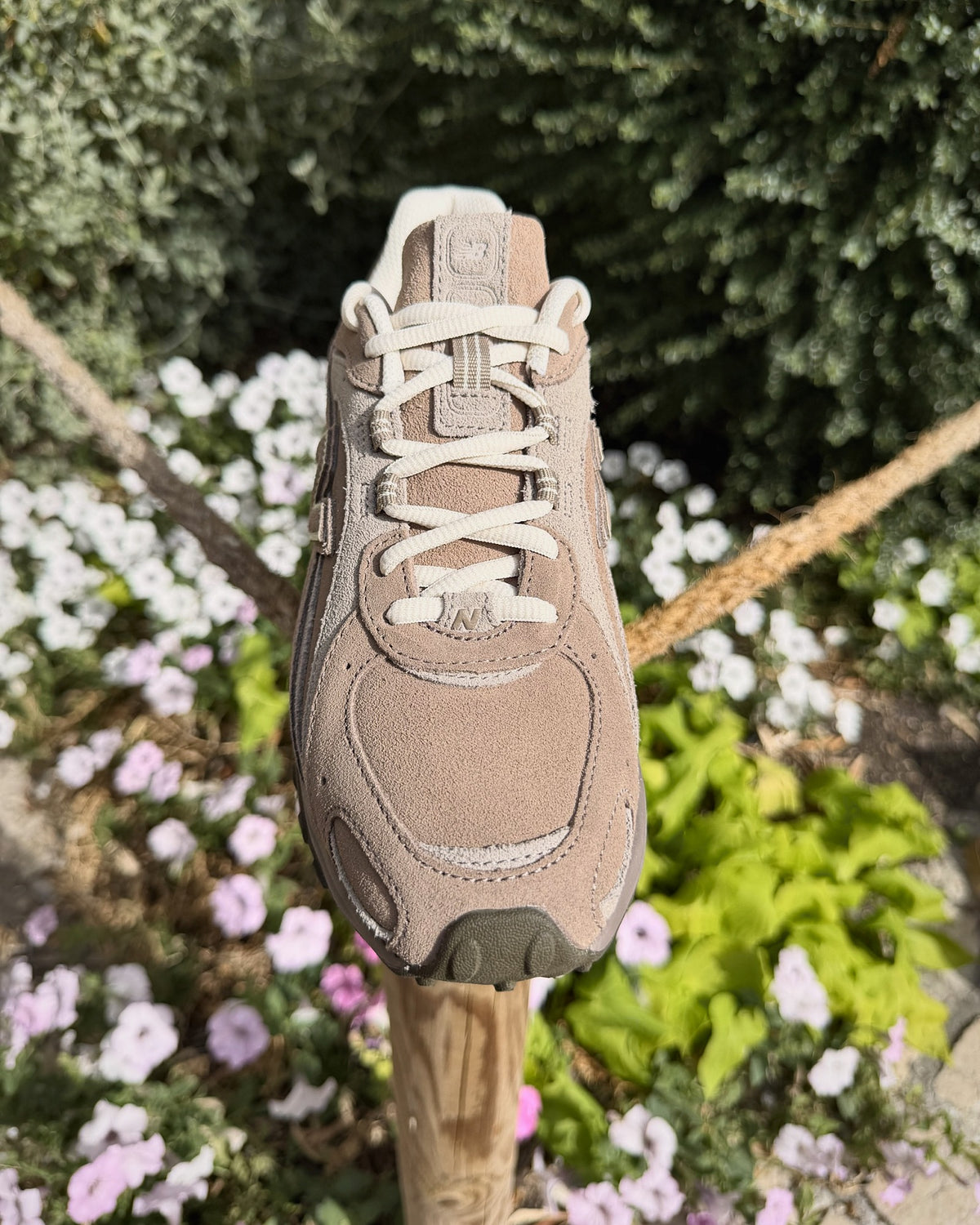 New Balance 204L Mushroom Arid Stone vue de face, détail du laçage
